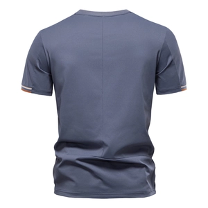 Detail of grey-blue men's t-shirt showing back seam and striped cuffs on short sleeves