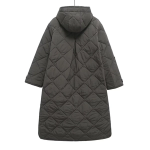 Dark grey long hooded quilted coat featuring classic diamond patterns and a back view design