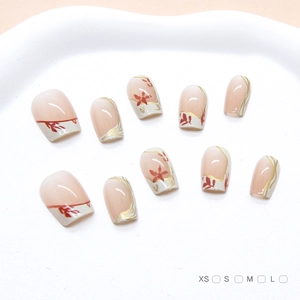 Handmade Press On Nails French Style Nude Pink With White Flower Design Golden Edges ABS Plastic Removable For Women