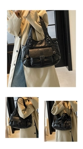 Collage of black leather tote bag with multi-pockets shown on model wearing a trench coat