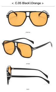 Detail view of oversized pilot sunglasses with black frame and orange lenses from 3 angles
