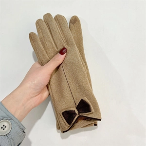 Women's warm camel touchscreen gloves with plush lining and decorative bow