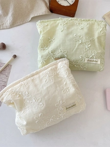 Floral embroidery makeup bag with large capacity in light green and cream white