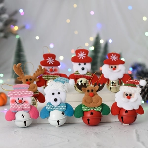 Christmas Hanging Bell Ornaments Fabric Plush Santa Reindeer Snowman Bear With Metal Star Cutout Bell For Tree Decor