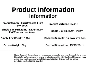 Specifications for 26pcs Christmas ball set with plastic material and package dimensions