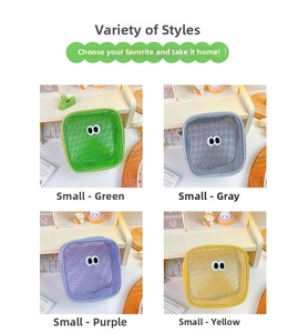 Mesh makeup organizer bags with cartoon eyes in green, gray, purple, and yellow colors