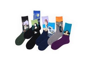 Detailed fan-shaped layout of oil painting printed crew socks with artistic masterpieces