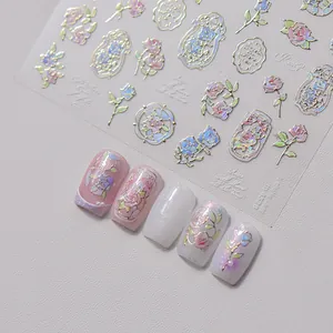 Detail of TO 4528 floral nail stickers with iridescent laser rose and frame designs