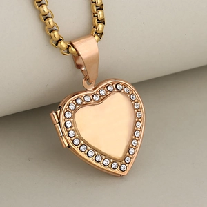 Gold heart locket necklace with sparkling rhinestones and delicate ball chain