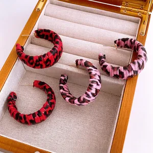 Vintage Leopard Print Leather Wrapped C-Shape Hoop Earrings With 925 Sterling Silver Earring Post For Women