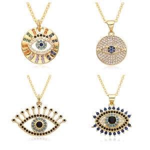 Copper Evil Eye Pendant Necklace For Women Micro Pave Rhinestone Gold Plated Bohemian Geometric Luck Neck Jewelry Accessory