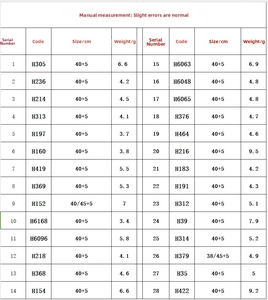 Size chart table for cross pendant necklaces showing length and weight for 28 styles