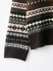 Close-up of Fair Isle jacquard knit sweater featuring earth tone patterns and ribbed cuffs