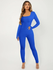 Detail of square neck long sleeve ribbed jumpsuit in cobalt blue for yoga or casual wear