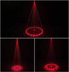 Three-frame view showing red laser light projections with grid and spiral patterns