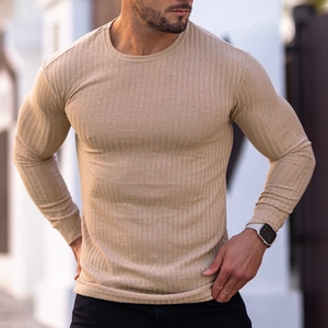 Men's khaki slim fit long sleeve T-shirt with vertical rib knit texture and crew neck