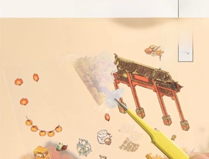 Detail of PET transparent Chinese style stickers with pre-cut shapes and ancient motifs