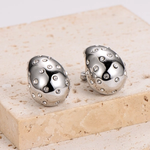 Silver teardrop earrings in stainless steel with sparkling rhinestones on stone base