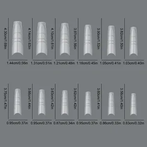 Size chart showing 12 different dimensions for extra long coffin nail tips in cm and inches
