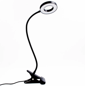 Black clip-on LED ring light with flexible gooseneck and clamp for desk or bedside use