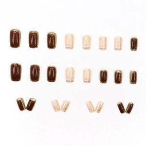 Brown and pink plaid press-on nails with sparkling glitter french tips and square shape