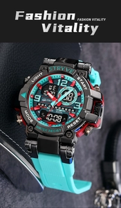 Detail view of dual-display sports watch with vibrant blue strap and 50M waterproof dial