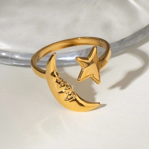 18k gold plated stainless steel open ring featuring minimalist star and crescent moon design