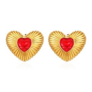 Fashion heart shaped stainless steel stud earrings with red gemstone and gold sunburst frame