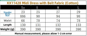Size guide for sleeveless midi dress with bust, waist, and length measurements in cm
