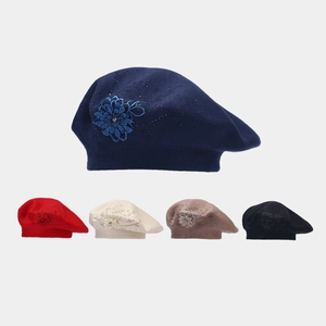 Women Knitted Beret Hat With Stereo Flower Rhinestones French Vintage Winter Warm Elegant Painter Cap Soft Fashion Headwear