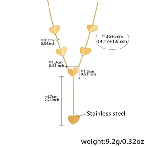 Gold stainless steel Y-necklace detail with heart pendants and specific dimension specs