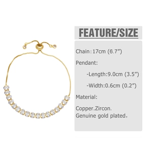 Detail of adjustable gold-plated tennis bracelet showing 16 oval white cubic zirconia stones