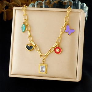 Golden chain necklace with colorful geometric oil-drop butterfly and heart pendants