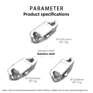 Three sizes of polished stainless steel lobster clasps with detailed dimensions