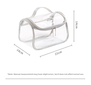 Detail view of large PVC cosmetic bag with size dimensions 21x14x14cm and top handle