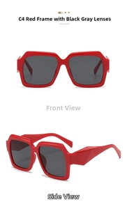 Detail view of retro square red frame sunglasses with dark grey lenses in front and side views