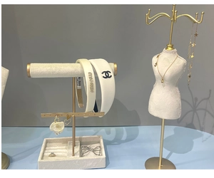 White faux leather jewelry display set with T-bar stand and lace necklace bust model