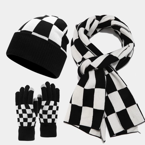 Bonnet Écharpe Et Gants Tactiles Tricotés À Damier Hiver Chaud Extérieur Acrylique Mode Unisexe Accessoires