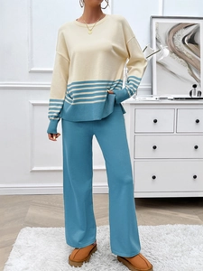 Women's chic beige and blue striped knit two-piece lounge set with wide leg pants