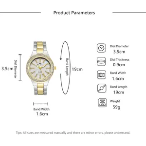 Tableau des tailles détaillé et spécifications de la montre femme à bracelet en acier