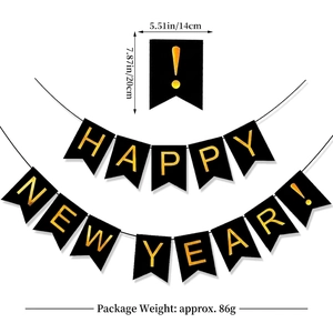 Detailed view of Happy New Year banner with size specs and gold foil swallowtail design