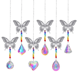 Detailed set of 6 crystal suncatchers with silver butterflies and rainbow beads on white background