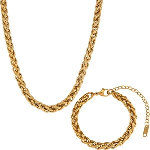 18K gold plated stainless steel 6mm wheat chain necklace and bracelet jewelry set