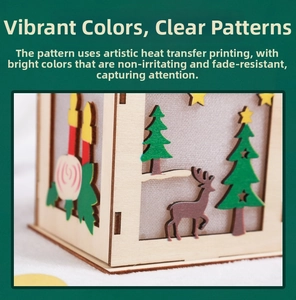 Macro detail of wooden Christmas house featuring colorful reindeer and tree patterns