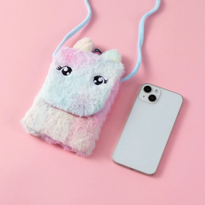 Unicorn cartoon plush crossbody bag for kids with colorful faux fur and strap