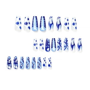 Blue and white abstract flame coffin press-on nails set with artistic texture designs