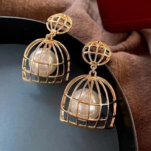Vintage Franse Vogelkooi Kunstparel Oorbellen Legering Met 925 Sterling Zilveren Oorknopjes Luxe Sieraden Voor Dames