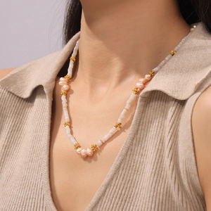Baroque natural freshwater pearl necklace with pink beads and 18k gold plated spacer beads