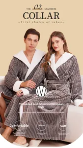 Detail view of thickened European size hooded bathrobe with warm fleece lining and stripes
