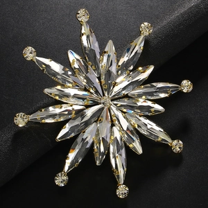 Luxury gold snowflake brooch with sparkling crystal marquise stones for suit decoration